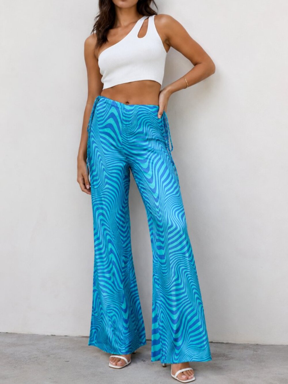 NWT Zara Blue Swirl Satin Flare Pants Side Tie Wide Leg Disco Size Large